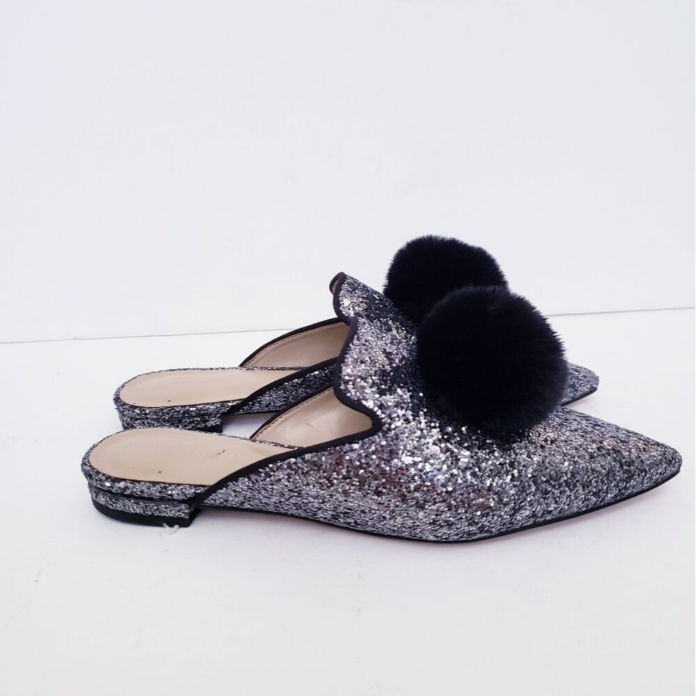 Ann Taylor Metallic Glitter Pom Pom Silver Black Mules - Picture 5 of 11